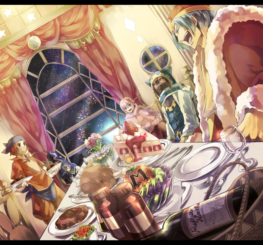 alcohol bandana bandana_waddle_dee blue_eyes bouquet brown_eyes brown_hair cake curtains dark_skin dark_skinned_male dutch_angle feast flower food fork fruit gears gloves hat highres holding hood jacket janis_(hainegom) king_dedede kirby kirby's_return_to_dream_land kirby_(series) knife magolor mask maxim_tomato meat meta_knight multiple_boys night open_mouth personification pink_hair plate short_hair sitting sky spoon star star_(sky) steak strawberry tablecloth tomato window wine yellow_eyes