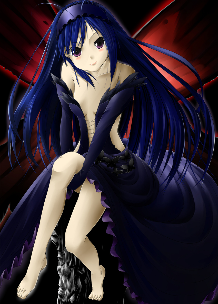 accel_world antenna_hair bad_id bad_pixiv_id bare_shoulders blush bug butterfly butterfly_wings elbow_gloves feet gloves hairband highres insect kuroyukihime long_hair long_legs looking_at_viewer purple_eyes smile solo solru wings