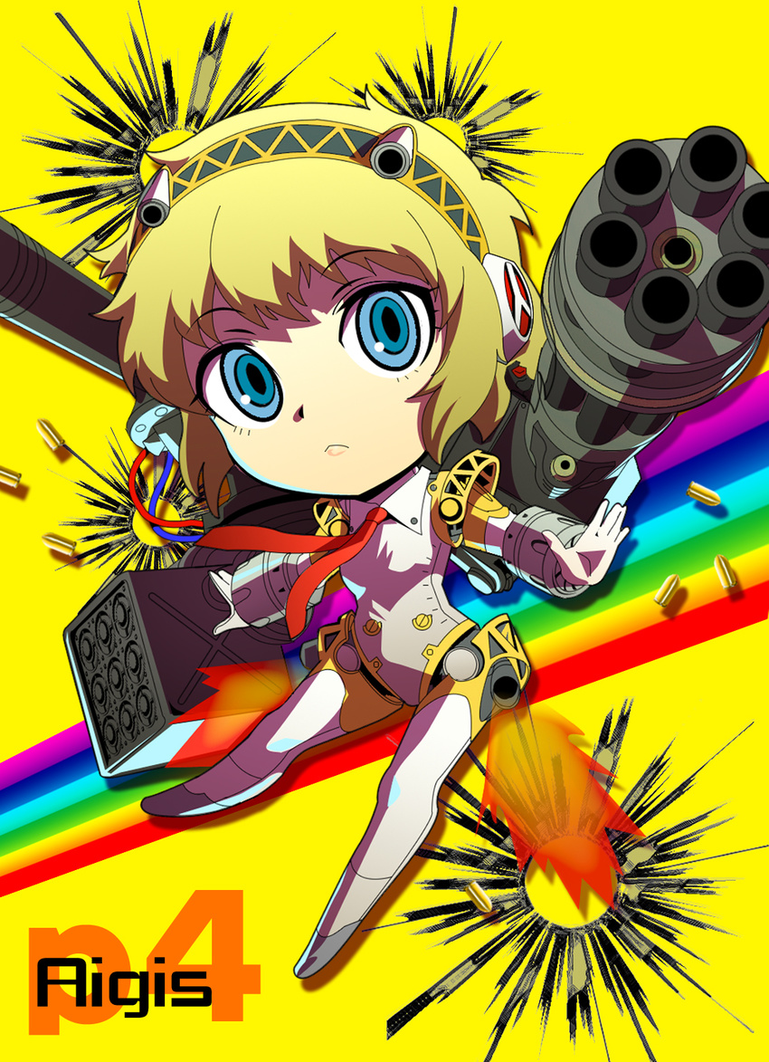 :&lt; aegis_(persona) armor bad_id bad_pixiv_id blonde_hair blue_eyes bullet character_name chibi copyright_name expressionless hairband highres jinkai_yamizawa legs lips necktie persona persona_3 persona_4:_the_ultimate_in_mayonaka_arena rainbow robot_joints short_hair simple_background solo weapon yellow_background