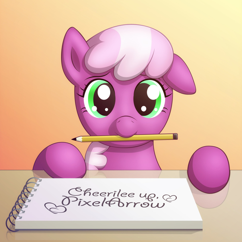 &hearts; &lt;3 cheerilee_(mlp) cute equine female feral friendship_is_magic green_eyes hair horse long_hair looking_at_viewer mammal my_little_pony notepad pencil pink_hair pony randomdouche