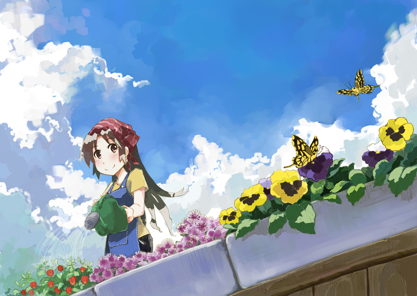 apron blush brown_eyes brown_hair bug butterfly flower head_scarf insect kannasetsuna long_hair looking_at_viewer original smile solo watering_can