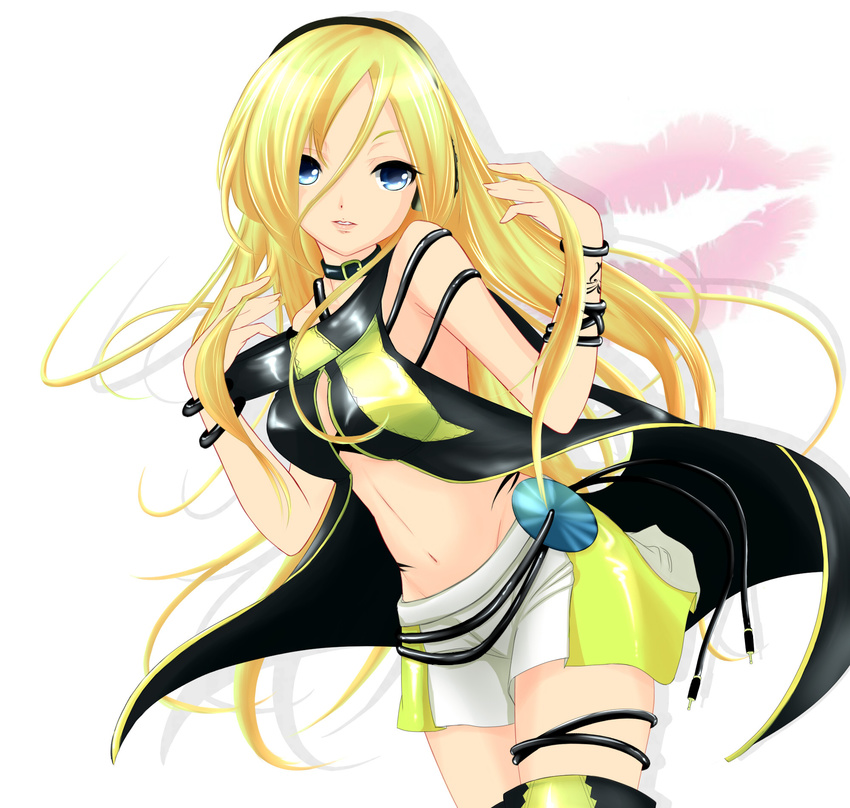 blonde_hair blue_eyes headphones highres lily_(vocaloid) long_hair looking_at_viewer midriff navel open_mouth skirt solo tattoo terun vocaloid