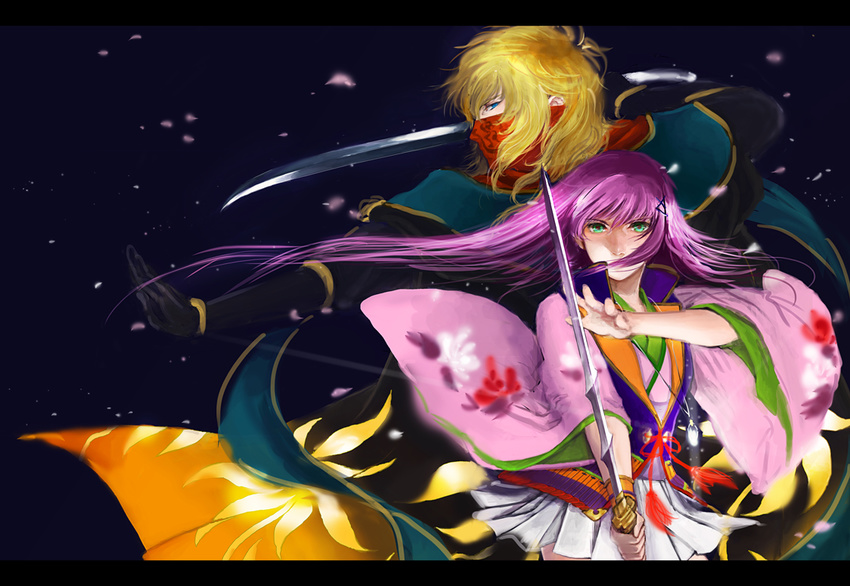 1girl bad_id bad_pixiv_id black_background blonde_hair blue_eyes gloves green_eyes harukanaru_toki_no_naka_de harukanaru_toki_no_naka_de_3 japanese_clothes kasuga_nozomi kimono letterboxed long_hair ninja purple_hair ridvan serious sword ur0kin0 weapon