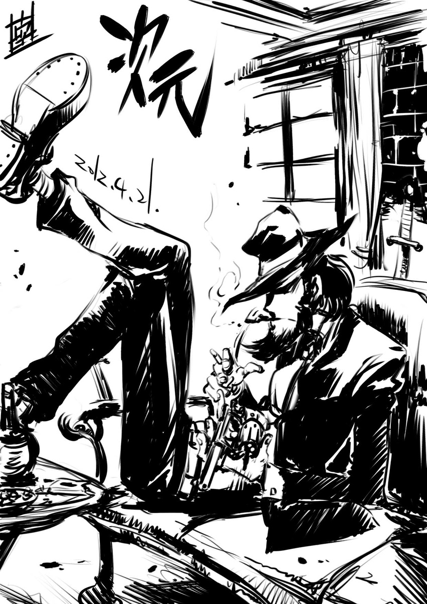 beard boots cigarette couch dated facial_hair greyscale gun handgun highres inoue_sora jigen_daisuke lupin_iii male_focus monochrome revolver signature sitting smoking solo weapon