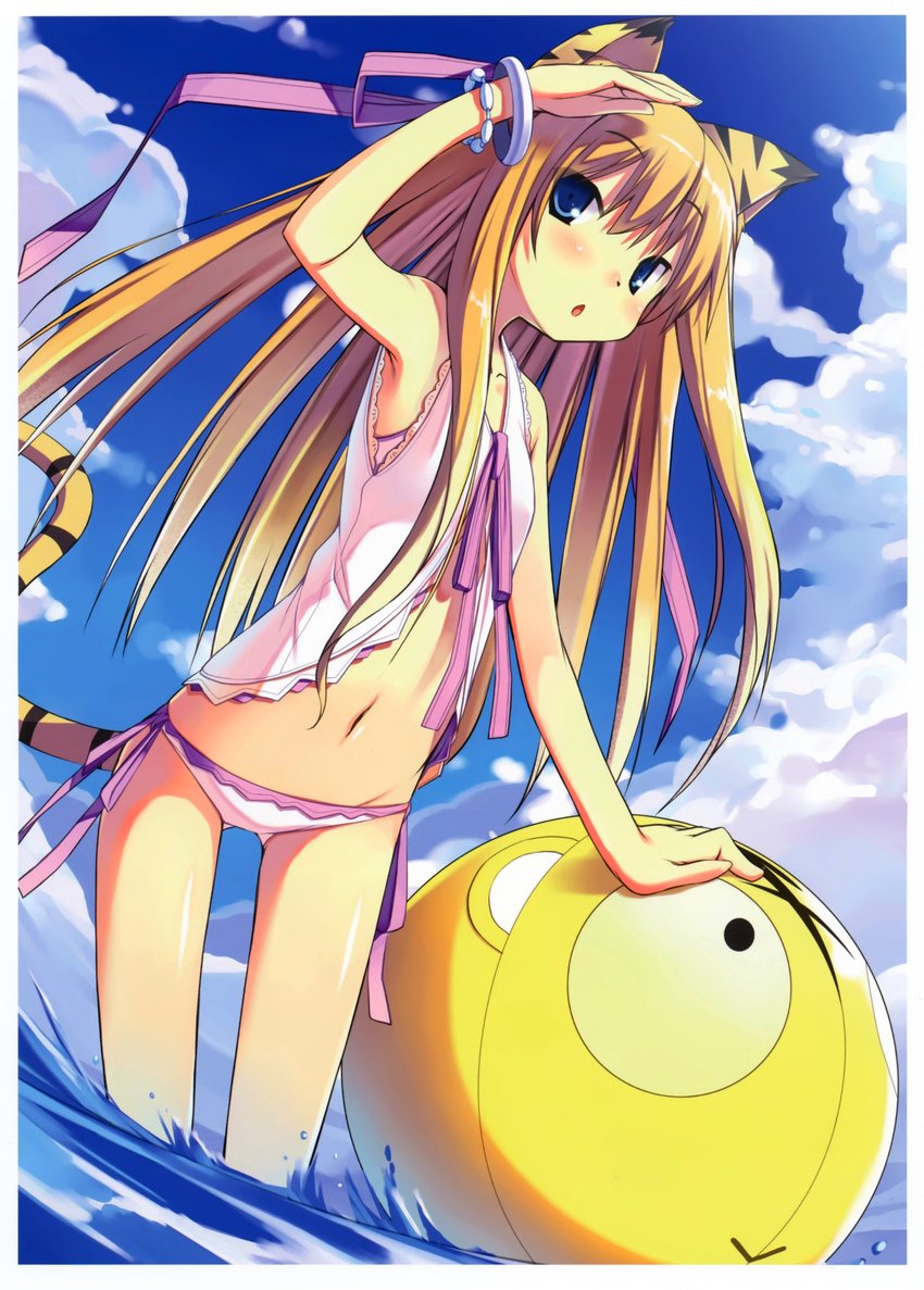 absurdres animal_ears ball bare_shoulders beachball bikini blonde_hair blue_eyes blue_sky blush bracelet cloud day dutch_angle hair_ribbon highres jewelry long_hair looking_at_viewer navel open_mouth original pink_bikini poco_(asahi_age) ribbon shading_eyes side-tie_bikini sky solo swimsuit tail tiger_ears tiger_tail wading water