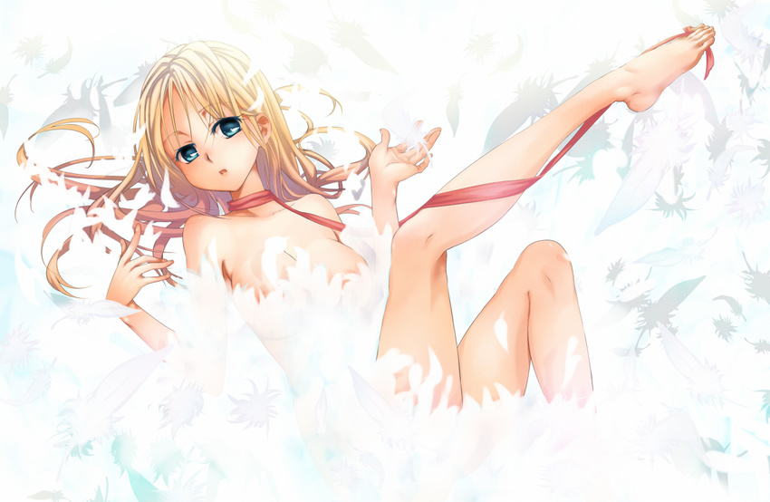 barefoot between_toes blonde_hair blue_eyes breasts feathers feet kawagoe_pochi leg_lift legs long_hair ragnarok_online small_breasts solo toes wanderer