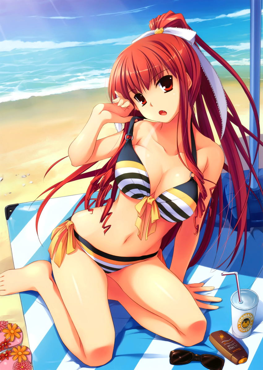 :o absurdres adjusting_clothes adjusting_swimsuit arm_support bare_shoulders barefoot beach bikini brand_name_imitation breasts cleavage collarbone fang front-tie_top highres large_breasts long_hair looking_at_viewer lotion multicolored multicolored_bikini multicolored_clothes multicolored_stripes nakajima_yuka navel o-ring o-ring_top open_mouth original outdoors ponytail red_eyes red_hair shiny shiny_skin side-tie_bikini sidelocks sitting solo strap_lift striped striped_bikini sunglasses sunscreen swimsuit tan tanline water yokozuwari