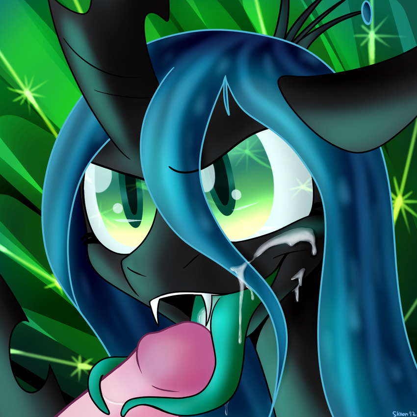 changeling chrysalis cum cum_in_mouth cum_inside cum_on_face cumshot equine erection fellatio female feral forked_tongue friendship_is_magic green_eyes green_tongue hair horn licking male mammal my_little_pony open_mouth oral oral_sex orgasm penis queen_chrysalis_(mlp) sex skoon straight tongue tongue_out