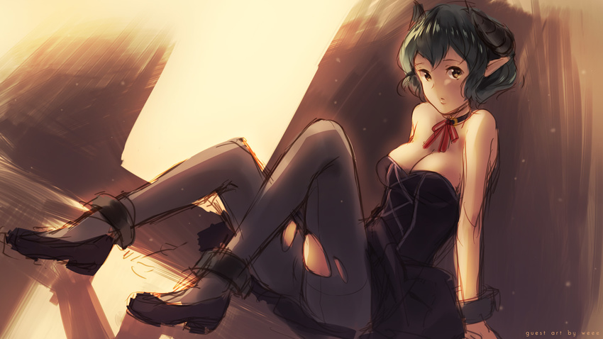 bare_shoulders breasts choker cleavage collar demon_girl dress dutch_angle fiend_(juniper's_knot) green_hair highres horns juniper's_knot large_breasts pantyhose pointy_ears ribbon short_hair solo strapless strapless_dress succubus torn_clothes torn_legwear wallpaper weee_(raemz) wrist_cuffs yellow_eyes