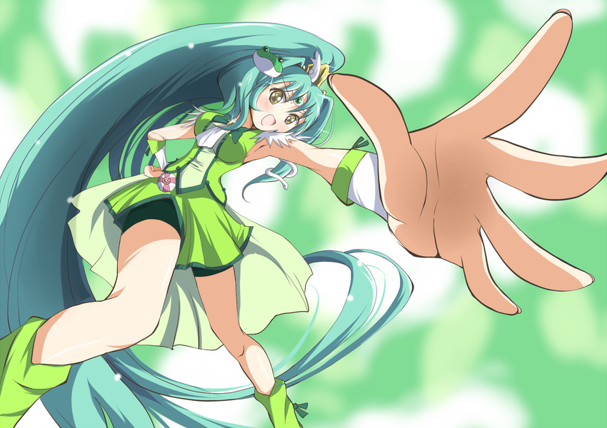 bike_shorts breasts brown_eyes choker cosplay cure_march cure_march_(cosplay) deego_(omochi_bazooka) frog_hair_ornament green green_background green_hair green_shorts green_skirt hair_ornament hair_tubes kochiya_sanae long_hair magical_girl medium_breasts open_mouth ponytail precure shorts shorts_under_skirt skirt smile smile_precure! snake solo standing tiara touhou tri_tails very_long_hair wrist_cuffs yellow yellow_eyes