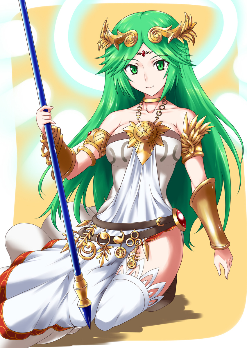 armlet breasts choker crown gauntlets gold green_eyes green_hair highres jewelry kid_icarus kid_icarus_uprising long_hair necklace nishiumi_yuuta palutena small_breasts smile solo staff thighhighs thighs