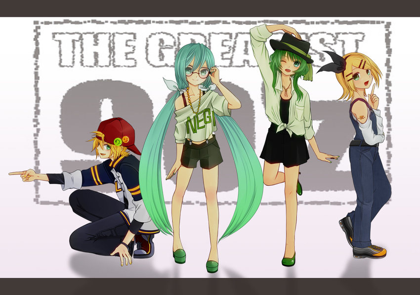 agi_(holic2007) dress glasses gumi hat hatsune_miku kagamine_len kagamine_rin necklace shorts vocaloid