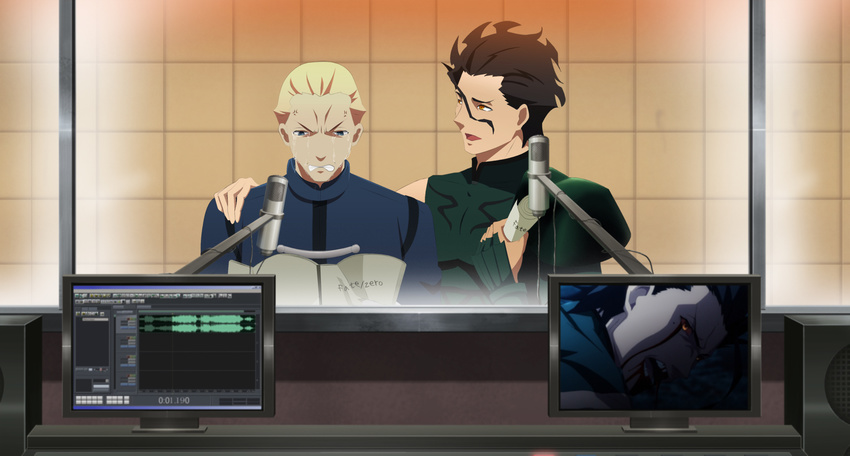 ahoge anger_vein black_hair blonde_hair blood blood_on_face blue_eyes fate/zero fate_(series) fourth_wall hair_slicked_back highres kayneth_el-melloi_archibald lancer_(fate/zero) ldm07 male_focus microphone multiple_boys recording_studio script spoilers tears yellow_eyes