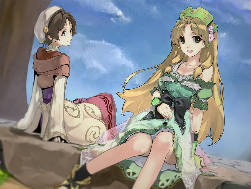 atelier_(series) atelier_ayesha ayesha_altugle blonde_hair bow brown_eyes brown_hair day dress green_eyes green_skirt jaga long_hair md5_mismatch multiple_girls nio_altugle ribbon shoes short_hair siblings sisters sitting skirt sky smile tree