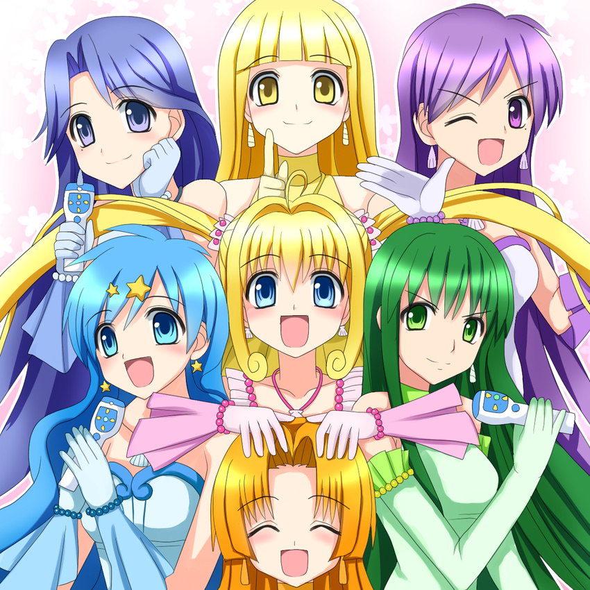 caren_(mermaid_melody_pichi_pichi_pitch) coco_(mermaid_melody_pichi_pichi_pitch) gloves highres houshou_hanon idol jewelry long_hair mermaid_melody_pichi_pichi_pitch microphone miru multiple_girls nanami_lucia necklace noel_(mermaid_melody_pichi_pichi_pitch) touin_rina