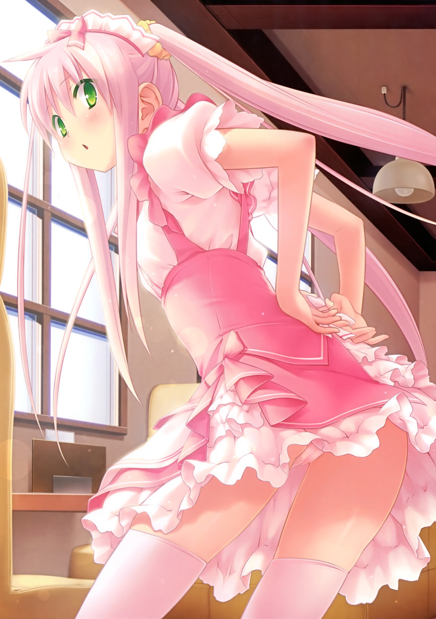absurdres arms_behind_back blush cafe_sourire cameltoe eretto from_behind green_eyes highres indoors leaning_forward lens_flare looking_at_viewer looking_back mizushima_serika open_mouth panties pantyshot pink pink_hair pink_legwear pink_panties sidelocks skirt solo thighhighs twintails tying underwear upskirt waitress