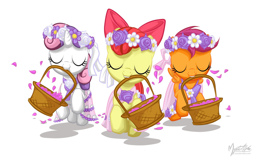 applebloom_(mlp) basket bow clothing cub cutie_mark_crusaders_(mlp) dress equine eyes_closed female feral flower friendship_is_magic horn horse mammal my_little_pony mysticalpha plain_background pony ribbons scootaloo_(mlp) sweetie_belle_(mlp) unicorn white_background young