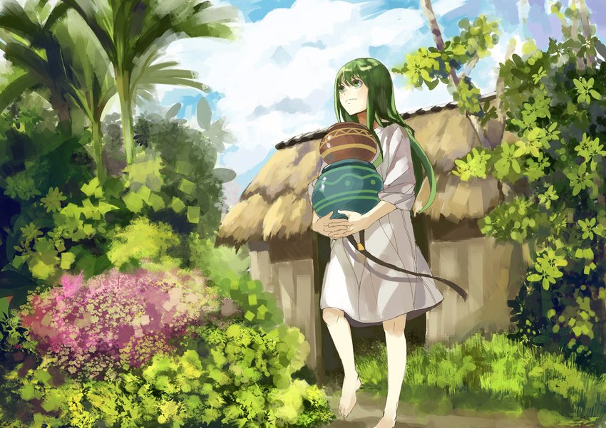 androgynous barefoot beibei1987 enkidu_(fate/strange_fake) fate/strange_fake fate_(series) green_eyes green_hair highres hut long_hair male_focus plant pot robe solo