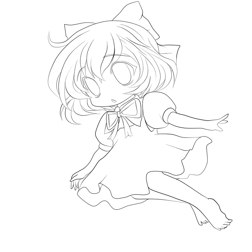 absurdres barefoot chibi cirno dress greyscale highres lineart monochrome short_hair solid_black_thumbnail solo touhou transparent_background yume_shokunin