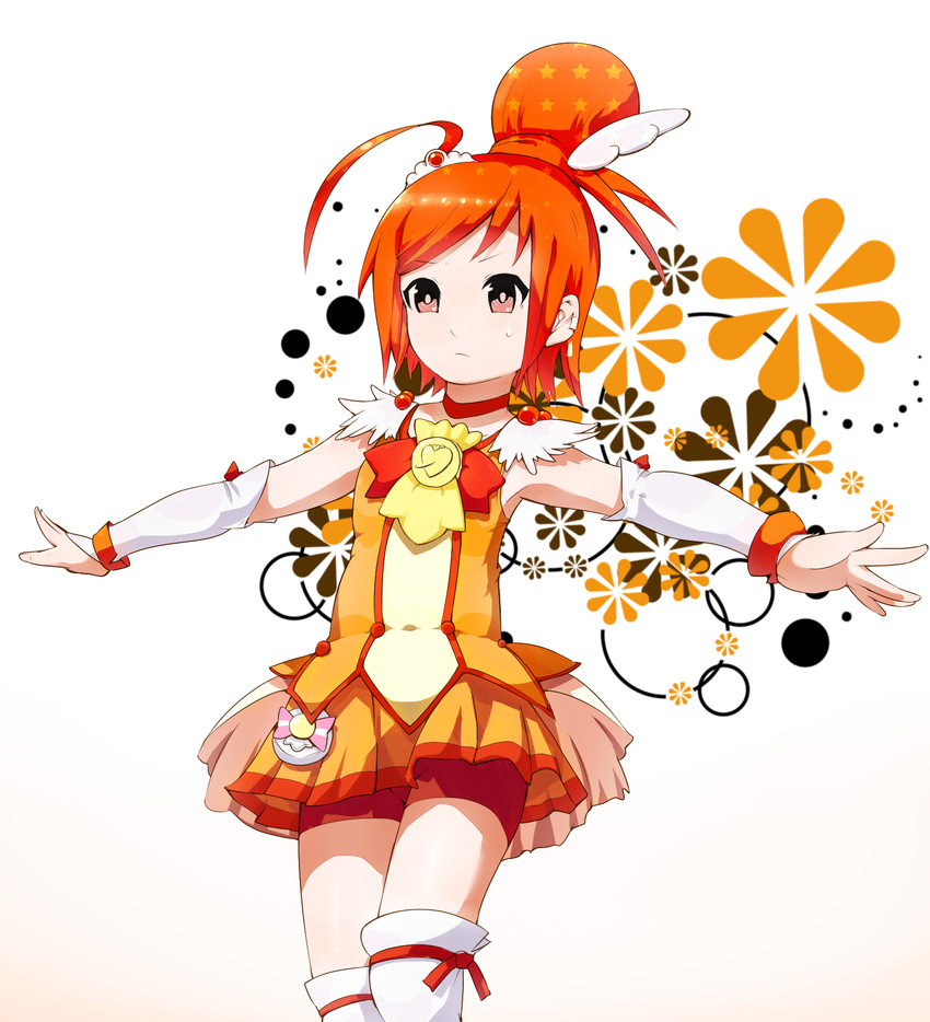 besi323 bike_shorts bow bowtie brooch choker cure_sunny floral_background hair_bun hair_ornament hairpin highres hino_akane_(smile_precure!) jewelry magical_girl orange_(color) orange_choker orange_eyes orange_hair orange_neckwear orange_skirt outstretched_arms precure red_shorts short_hair shorts shorts_under_skirt skirt smile_precure! solo spread_arms thighhighs white_background white_legwear