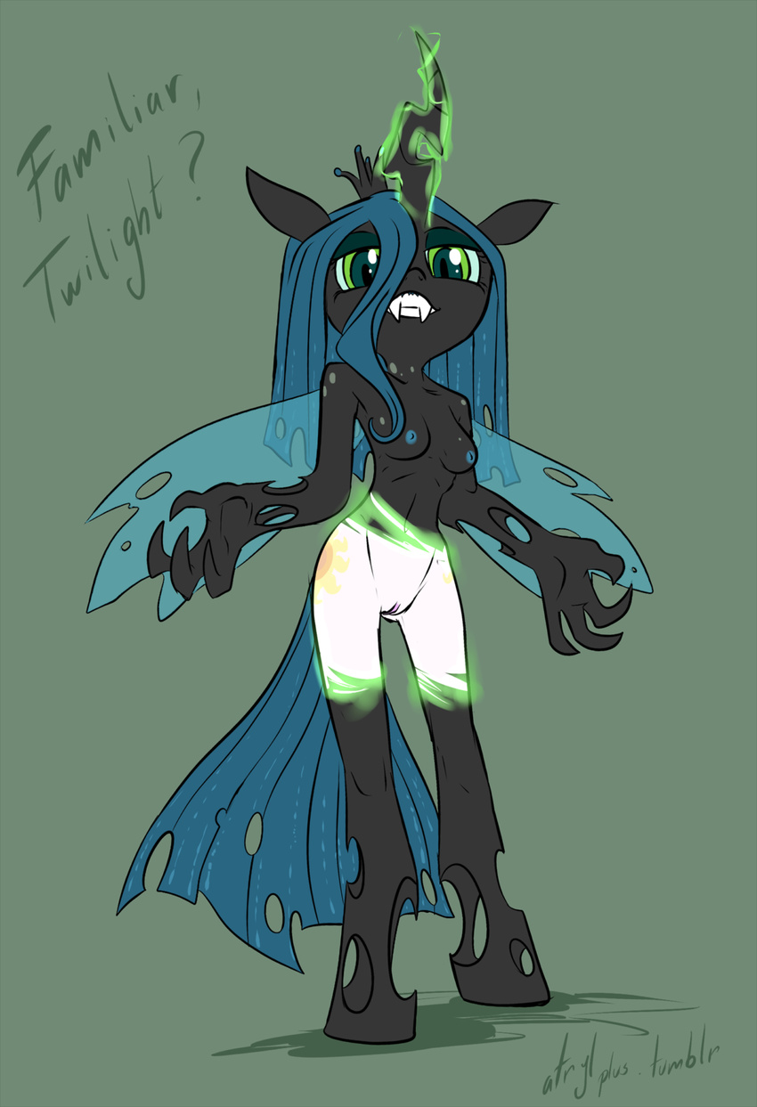 anthro anthrofied atryl breasts changeling female friendship_is_magic green_eyes looking_at_viewer my_little_pony nude pussy queen_chrysalis_(mlp) solo wings