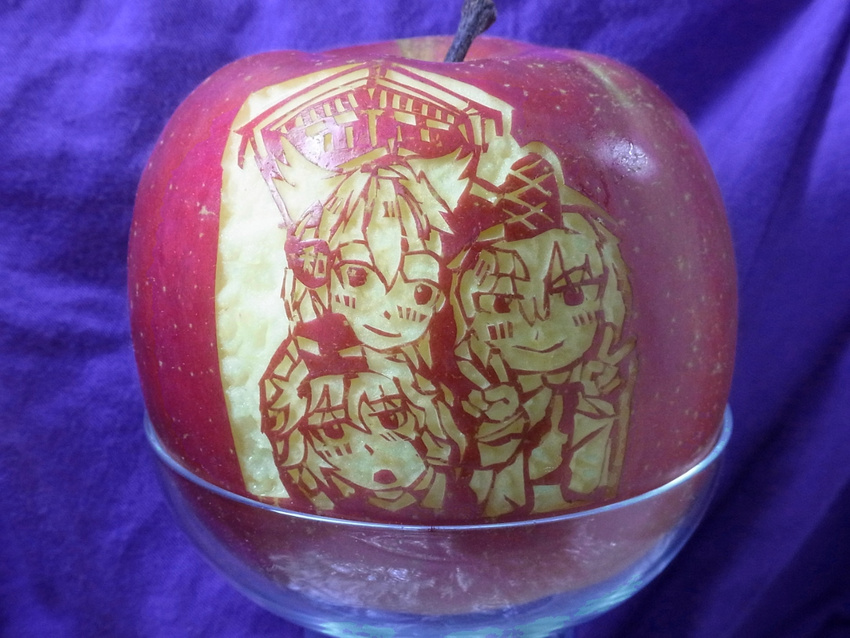 apple carving cutout double_v earmuffs food fruit hat mausoleum mononobe_no_futo multiple_girls open_mouth photo ringo_no_majutsushi soga_no_tojiko tate_eboshi touhou toyosatomimi_no_miko unconventional_media v