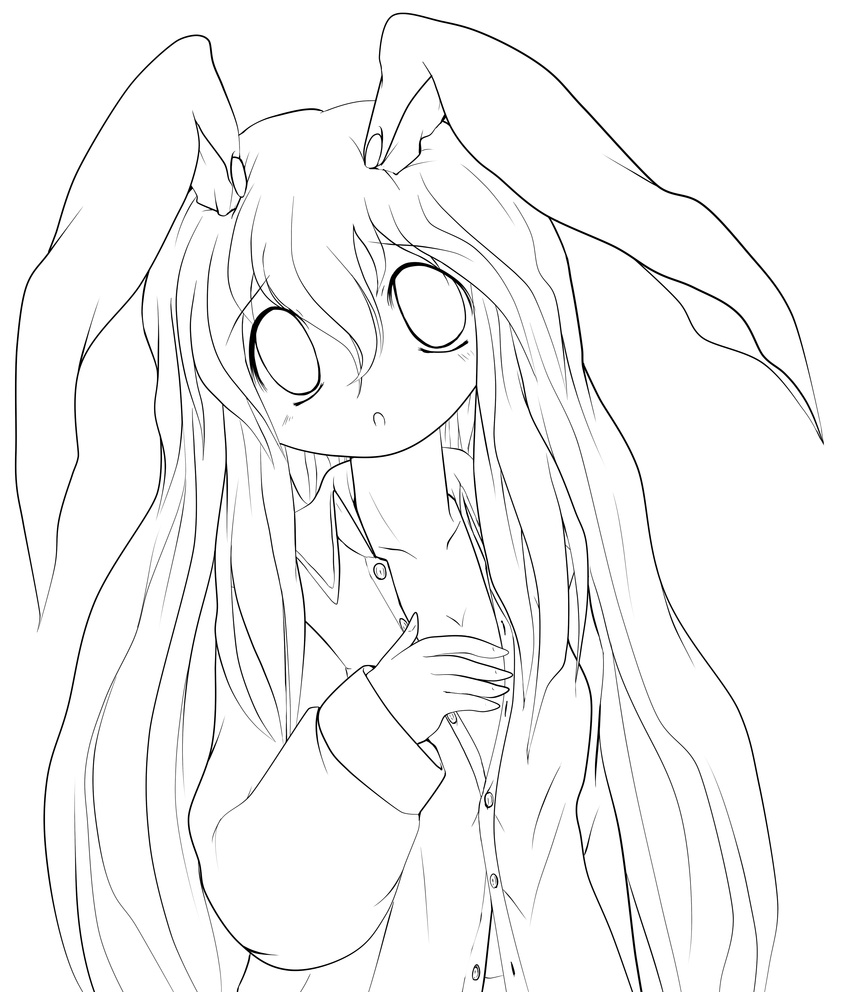 :o absurdres animal_ears bunny_ears dress_shirt greyscale highres lineart long_hair monochrome open_clothes open_mouth open_shirt reisen_udongein_inaba shirt solid_black_thumbnail solo touhou transparent_background upper_body very_long_hair yume_shokunin