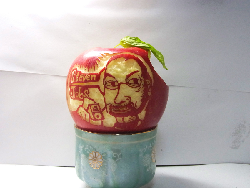 apple apple_inc. carving character_name cup cutout digital_media_player facial_hair food fruit glasses highres ipod leaf male_focus mustache photo pun ringo_no_majutsushi solo steve_jobs unconventional_media