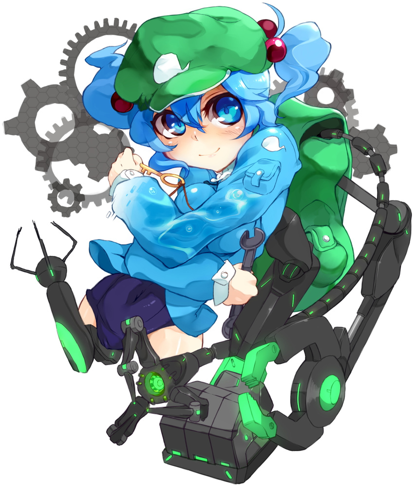 backpack bag blue_eyes blue_hair gears hair_bobbles hair_ornament hat highres himuro_(dobu_no_hotori) holding kawashiro_nitori key mechanical_arm probe smile solo swimsuit touhou two_side_up wrench