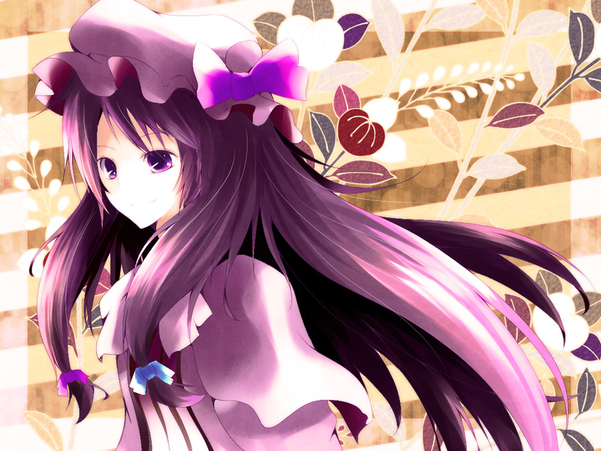 bow colorized hair_bow hat long_hair patchouli_knowledge purple_eyes purple_hair smile solo touhou yume_shokunin