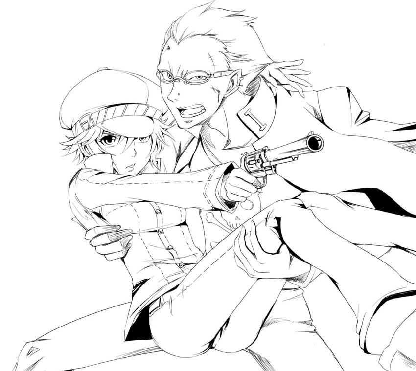 1girl cabbie_hat carrying glasses greyscale gun handgun hat jacket_on_shoulders monochrome open_mouth persona persona_4 princess_carry revolver scar school_uniform shirogane_naoto short_hair sketch suta_furachina tatsumi_kanji weapon white_background