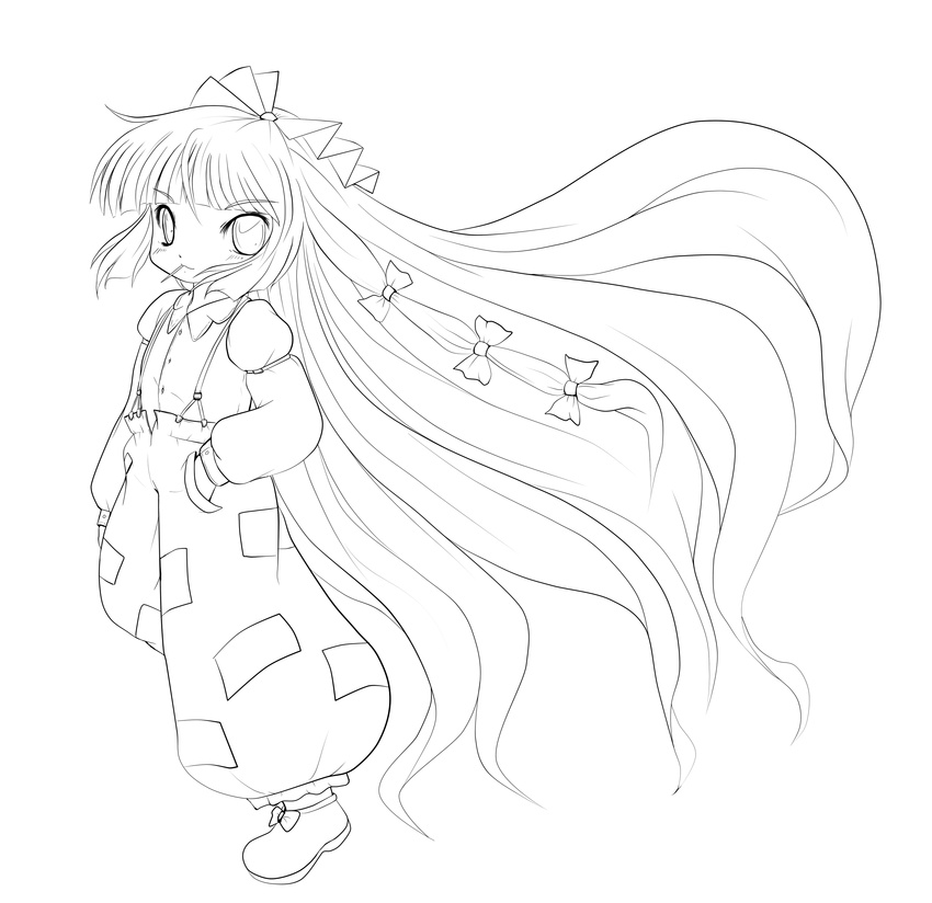 absurdres bow cigarette dress_shirt fujiwara_no_mokou greyscale hair_bow hand_in_pocket highres lineart long_hair looking_at_viewer monochrome pants shirt smoking solid_black_thumbnail solo touhou transparent_background very_long_hair yume_shokunin