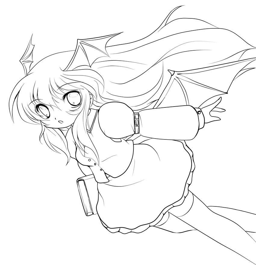 absurdres bat_wings belt book chibi greyscale head_wings highres koakuma lineart looking_at_viewer monochrome necktie open_mouth solid_black_thumbnail solo thighhighs touhou transparent_background vest wings yume_shokunin