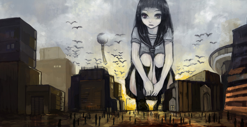 bad_id bad_pixiv_id bird black_hair building danann giantess implied_pantyshot kneehighs original school_uniform solo_focus