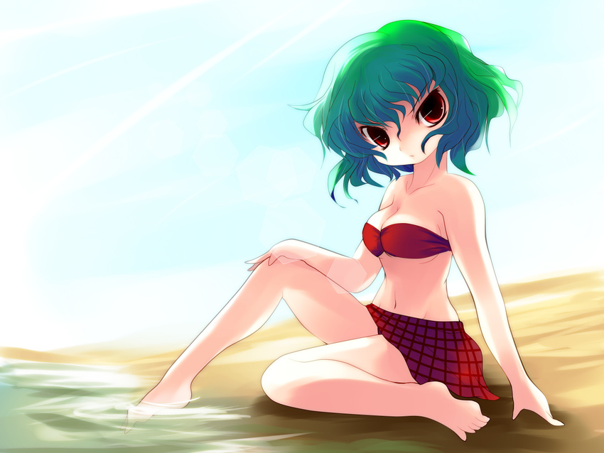 barefoot beach bikini bikini_skirt breasts green_hair kazami_yuuka looking_at_viewer plaid plaid_skirt red_eyes sitting skirt small_breasts solo swimsuit touhou yume_shokunin