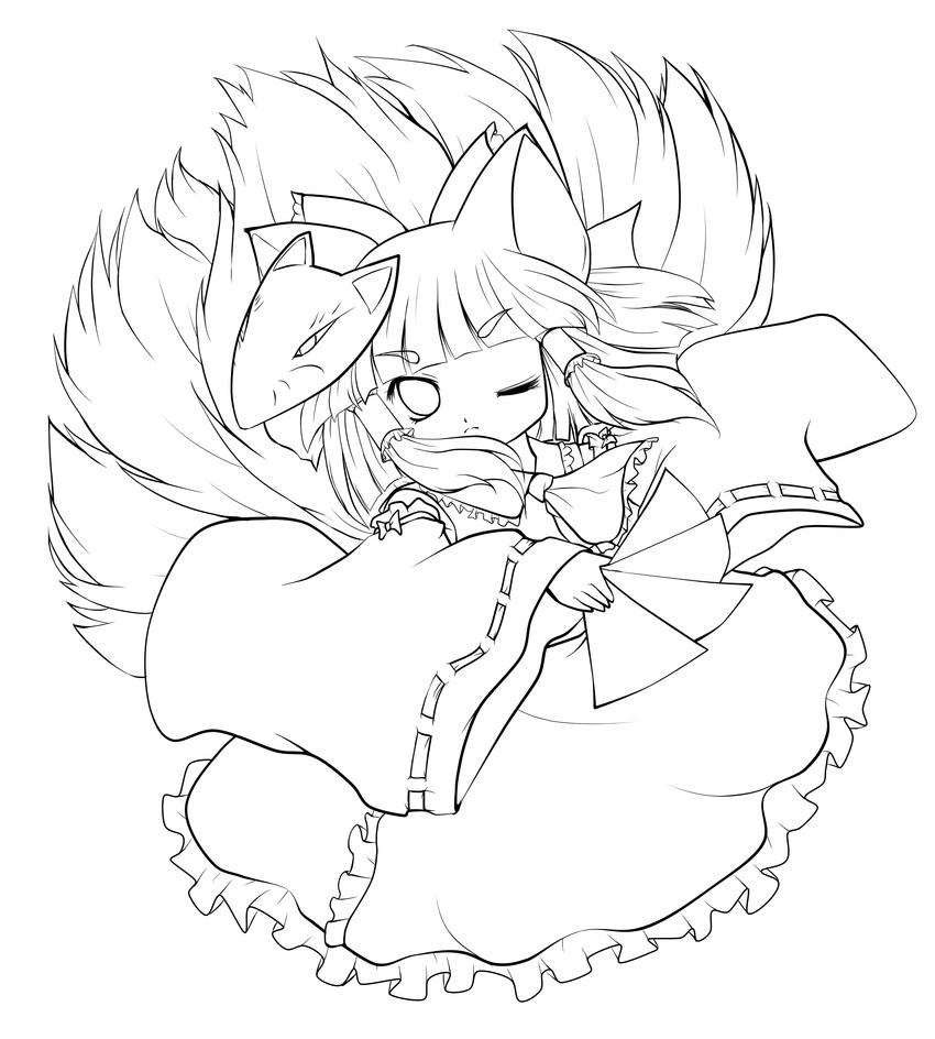 absurdres animal_ears ascot bow cosplay detached_sleeves eyebrows fox_ears fox_mask fox_tail greyscale hair_bow hair_tubes hakurei_reimu hakurei_reimu_(cosplay) highres lineart looking_at_viewer mask monochrome multiple_tails ofuda one_eye_closed short_hair so3fans solid_black_thumbnail solo tail thick_eyebrows touhou transparent_background yakumo_ran yume_shokunin