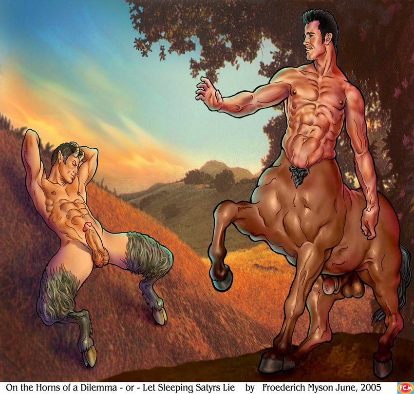 animal_genitalia balls centaur duo equine erection froederich_myson fur gay hooves horn horsecock human lying male mammal navel nipples nude on_back outside penis satyr skin standing taur tree wood