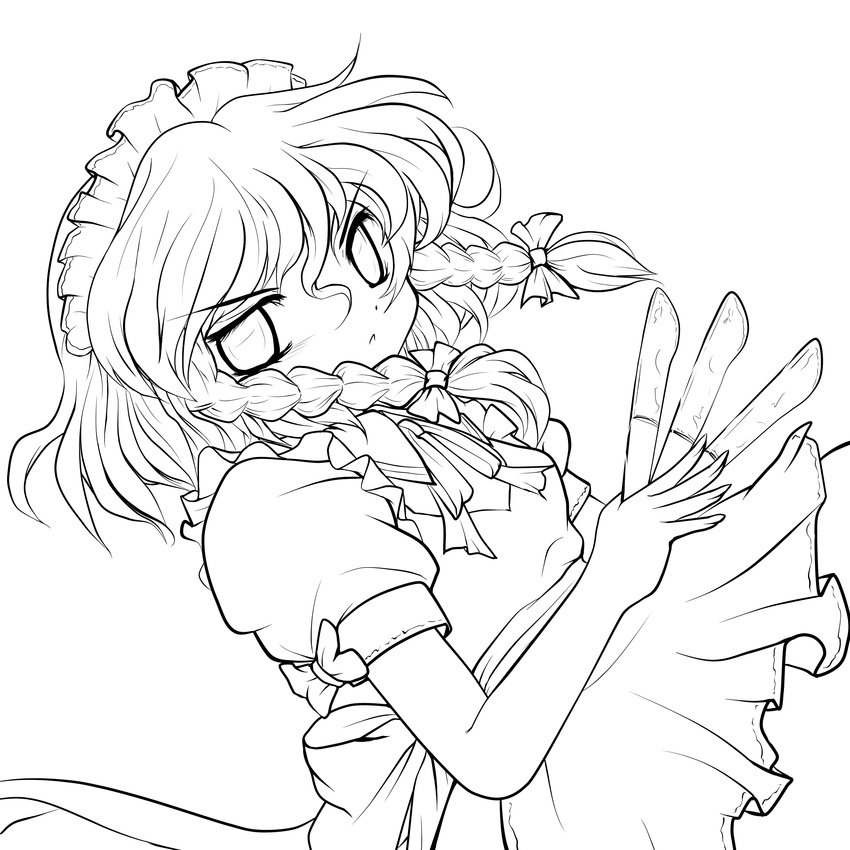 absurdres braid greyscale highres izayoi_sakuya knife lineart maid maid_headdress monochrome short_hair solid_black_thumbnail solo touhou transparent_background twin_braids yume_shokunin