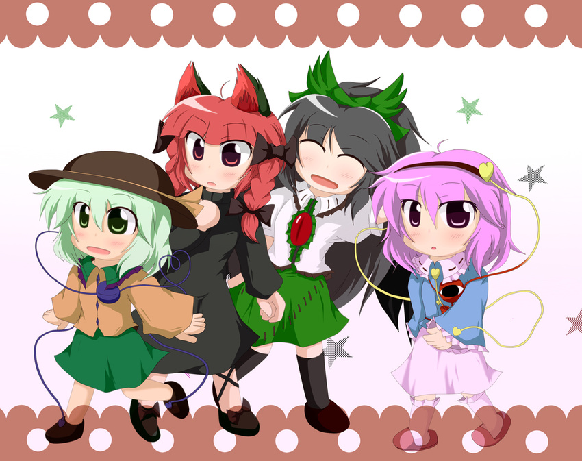 :d animal_ears black_wings blush bow braid cape cat_ears eyeball gam green_eyes green_hair hair_bow hairband hat heart kaenbyou_rin komeiji_koishi komeiji_satori long_hair multiple_girls open_mouth pink_eyes pink_hair pink_skirt red_eyes red_hair reiuji_utsuho short_hair siblings sisters skirt smile star third_eye touhou twin_braids wings