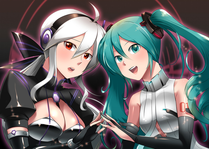 ahoge aqua_eyes aqua_hair breasts bridal_gauntlets caffein cleavage elbow_gloves fingerless_gloves gloves hatsune_miku hatsune_miku_(append) long_hair medium_breasts multiple_girls nail_polish open_mouth red_eyes small_breasts twintails vocaloid vocaloid_append white_hair yowane_haku