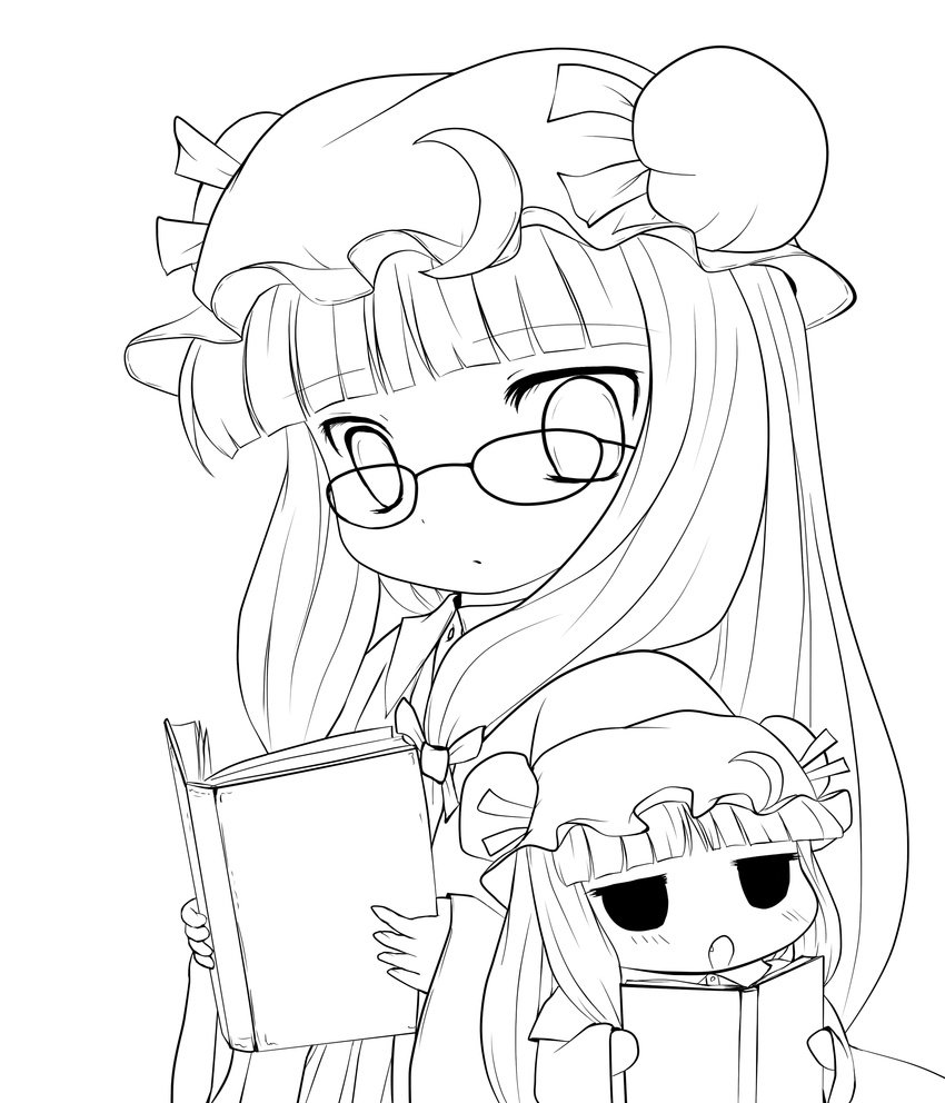 :o absurdres bangs bespectacled blunt_bangs book chibi crescent dual_persona fang glasses greyscale hat highres jitome lineart long_hair monochrome multiple_girls patchouli_knowledge reading touhou transparent_background yume_shokunin