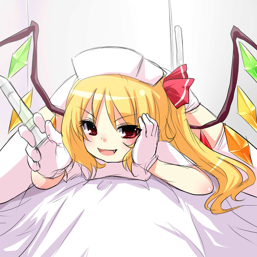 bad_id bad_pixiv_id blonde_hair blush cosplay fang flandre_scarlet girl_on_top gloves hair_ribbon hat head_rest highres hikataso nurse nurse_cap open_mouth pov red_eyes ribbon short_hair side_ponytail sketch smile solo spread_legs syringe thighhighs touhou white_gloves white_legwear wings