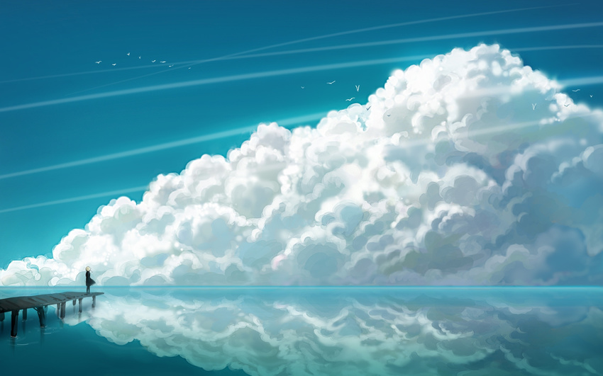 1girl cloud clouds highres pier reflection solo white_hair