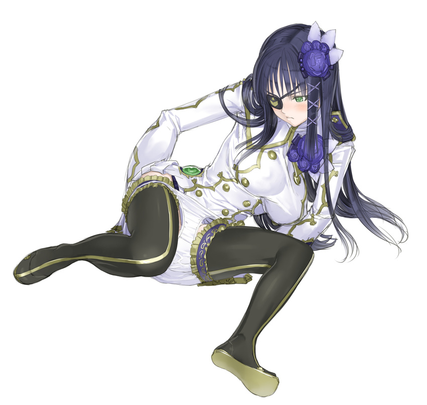 bad_id bad_pixiv_id black_hair black_legwear blush boots breasts eyepatch full_body green_eyes large_breasts long_hair nagisa_(psp2i) nakabayashi_reimei panties phantasy_star phantasy_star_portable_2_infinity sitting solo thigh_boots thighhighs underwear undressing uniform white_background white_panties