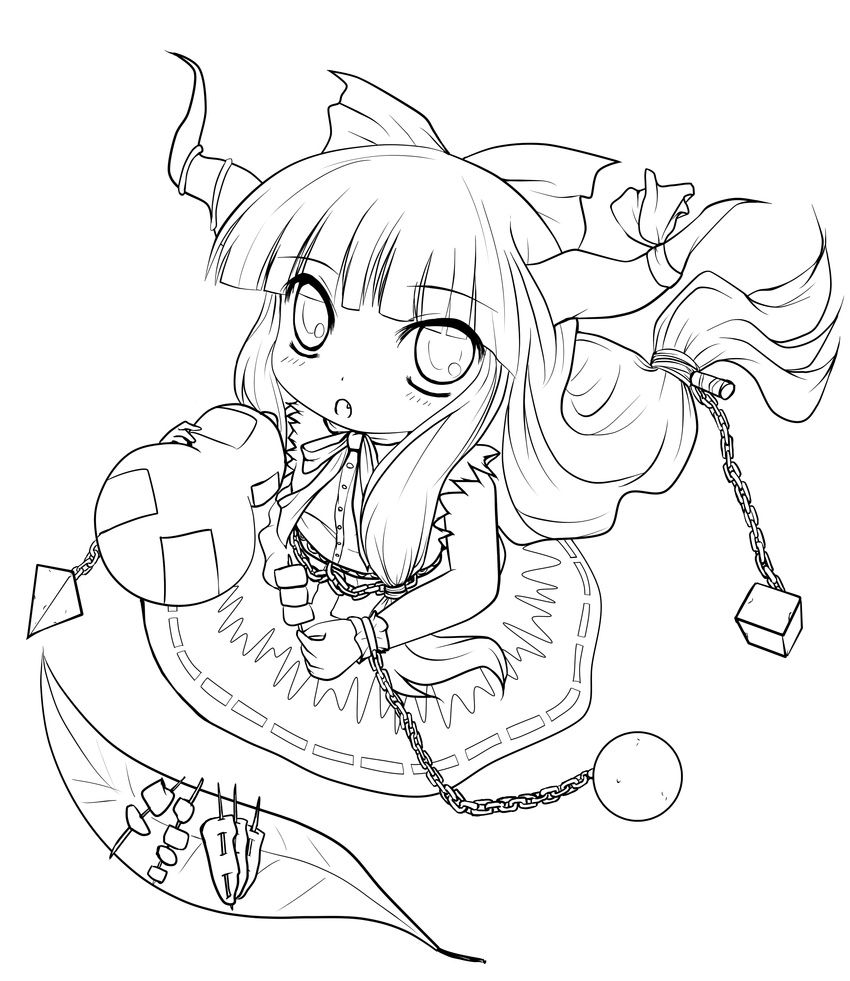 absurdres bow chain food greyscale hair_bow highres horns ibuki_suika lineart long_hair looking_at_viewer monochrome open_mouth sitting skewer solo touhou transparent_background yume_shokunin