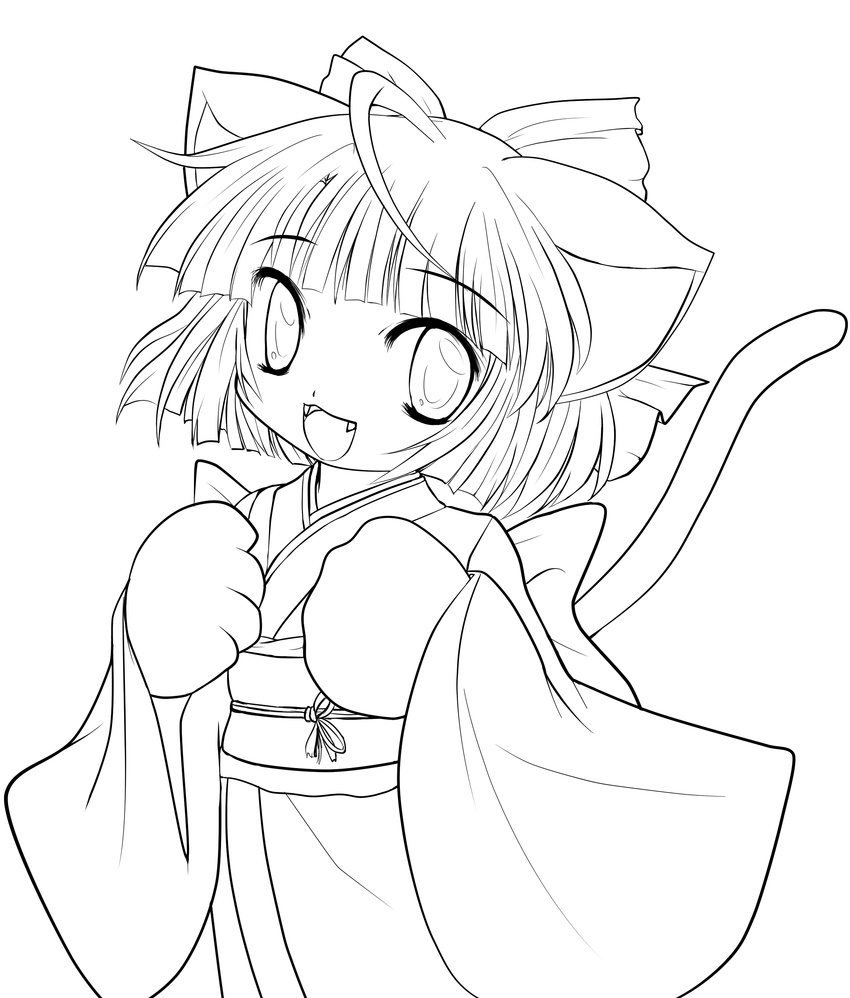 absurdres animal_ears bow cat_ears cat_tail greyscale hair_bow highres japanese_clothes kimono lineart monochrome open_mouth original paws smile solo tail transparent_background yume_shokunin