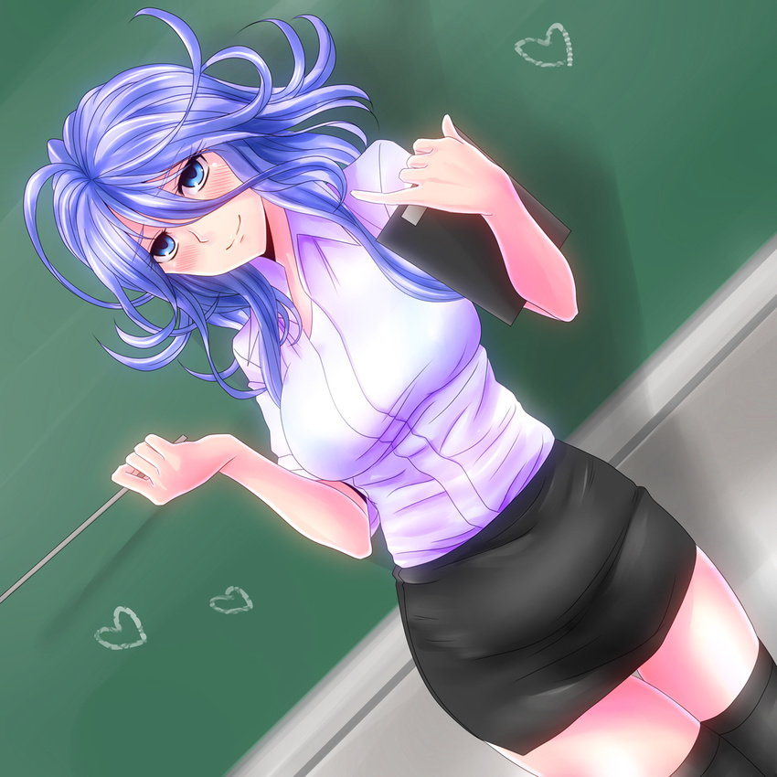 alternate_costume black_legwear blue_eyes blue_hair blush chalkboard clipboard dutch_angle heart highres long_hair miniskirt pencil_skirt pinky_out pointer shiony_regis shirt skirt smile super_robot_wars super_robot_wars_z2 taut_clothes taut_shirt teacher thigh_gap thighhighs watarui zettai_ryouiki