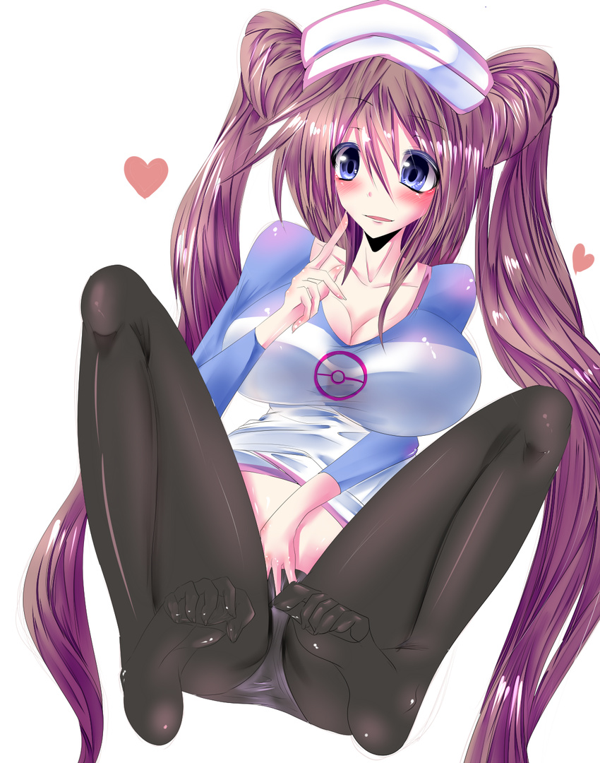 1girl artist_request blue_eyes blush breasts brown_hair cleavage double_bun double_buns female female_protagonist_(pokemon_bw2) heart highres large_breasts long_hair makurakabar mei_(pokemon) open_mouth panties pantyhose pokemon pokemon_(game) pokemon_bw2 sitting smile solo twintails underwear