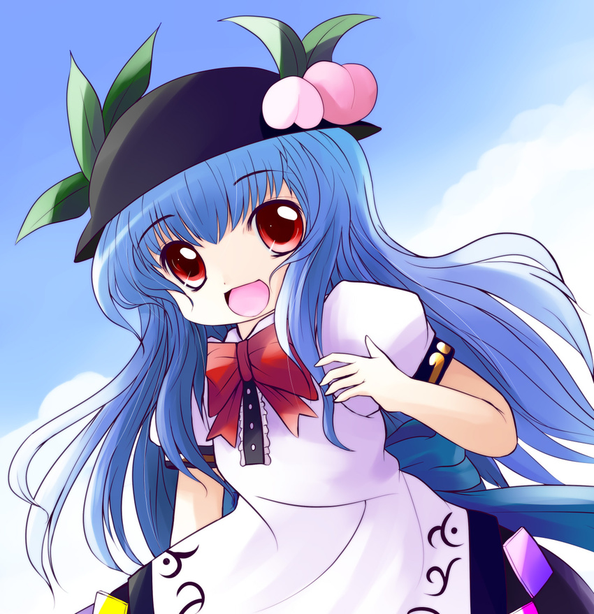 blue_hair hat highres hinanawi_tenshi long_hair looking_at_viewer open_mouth red_eyes smile solo touhou yume_shokunin