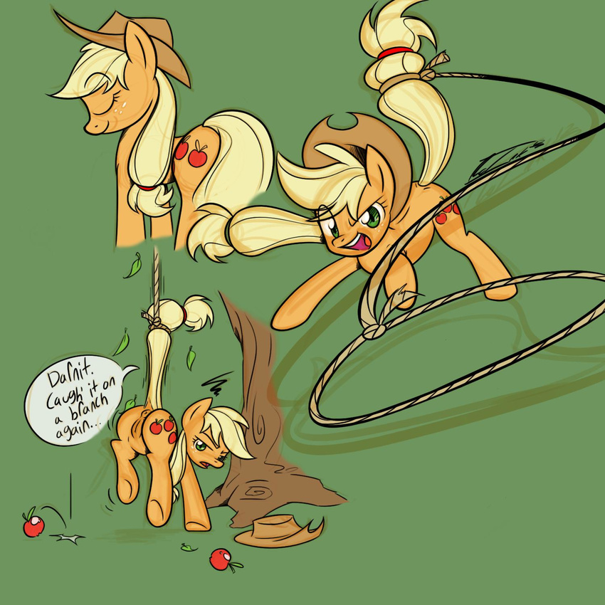 apple applejack_(mlp) cowboy_hat cutie_mark equine female feral friendship_is_magic fruit green_eyes hat horse mammal my_little_pony no-ink plain_background pony pussy rope solo